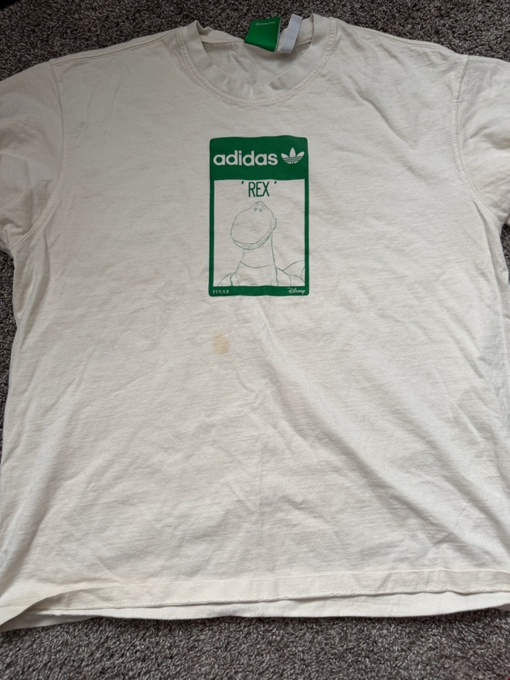 adidas White Tee with Green 'Rex' Graphic stained
